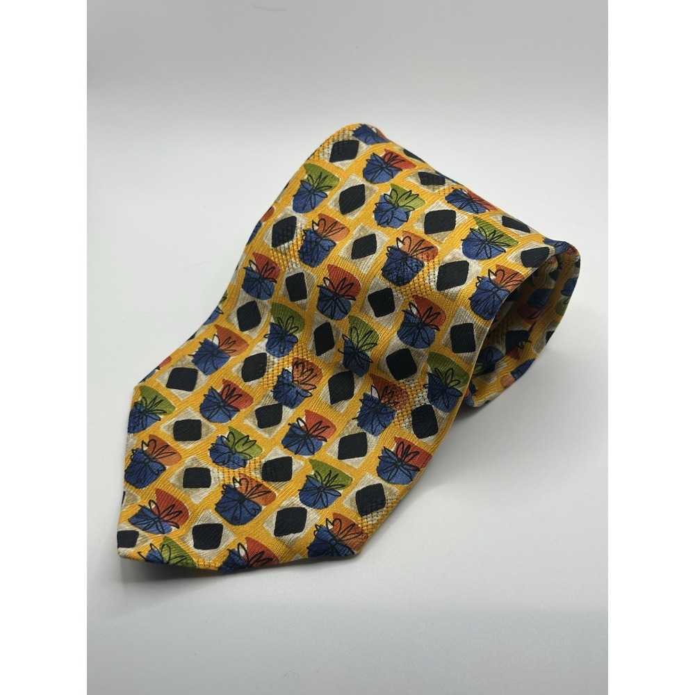 Ermenegildo Zegna Neck Tie Mens Yellow Gold Plant Design 100% Silk Made In Italy